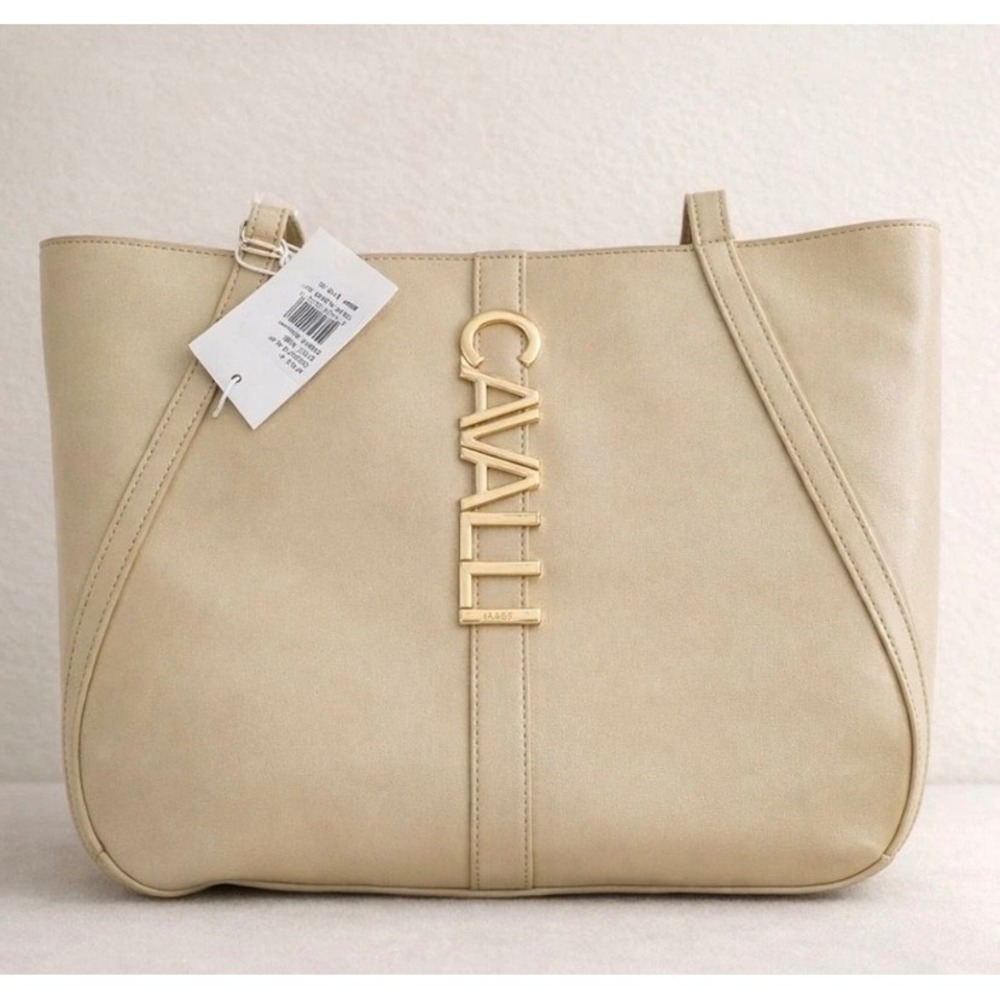 Cavalli Class Minimalist Sandra Shopper Tote Bag Women Almond Buff Gold Logo NWT
